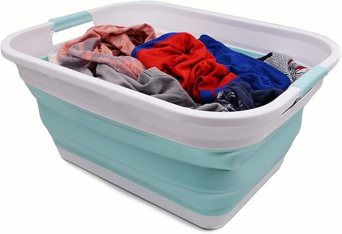 SAMMART 41L (10.8 gallon) Collapsible Plastic Laundry Basket-Foldable Pop Up Storage Container/Organizer-Portable Washing Tub, Water capacity: 32L (8.4 gallon) (Rectangular, White/Lake Green)