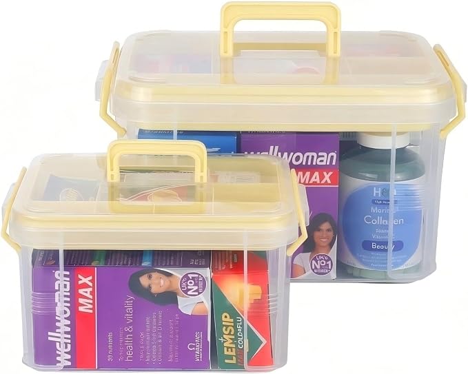 HEY FOLY 15qt Yellow Medicine Organizer Storage Box with Tray, Set of 2 Plastic First Aid Box Empty, Thickened Medicine Container Chest, Multipurpose Medical Case with Labels, Grey Medicine Caddy
