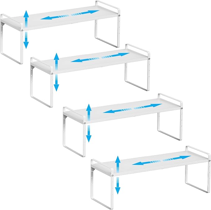 15.5 to 25.5 Inch Kitchen Cabinet Shelf Organizers，Kitchen Shelf Organizer | Adjustable Counter Organizer, Set of 4 Expandable Countertop Storage Shelves, Stackable Design, 30LBS Heavy Duty, Space Saver