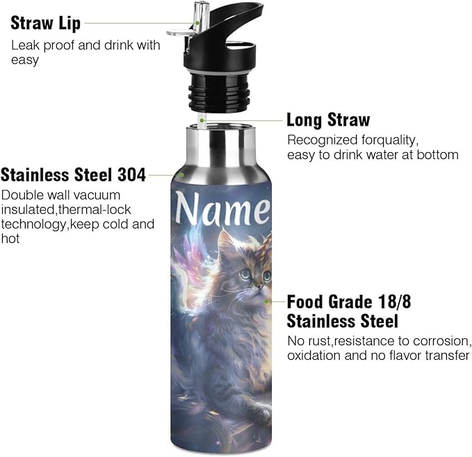 Custom Name Unicorn Cat with Wings Water Bottle with Straw Lid Kids Insulated Stainless Steel Water Flask Sports, 20 Oz Hot Cold