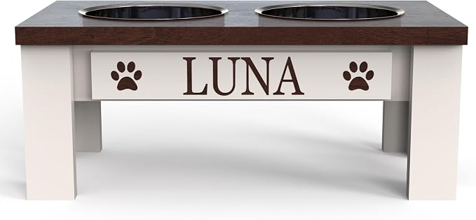 Personalized Dog Bowls Stand for Small Dogs, Wood Elevated Feeding Station | Farmhouse Style, Stainless Steel Dishwasher Safe Bowls, Raised Anti-Slip Feeder, Made in USA
