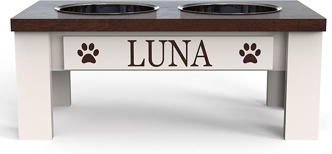 Personalized Dog Bowls Stand for Small Dogs, Wood Elevated Feeding Station | Farmhouse Style, Stainless Steel Dishwasher Safe Bowls, Raised Anti-Slip Feeder, Made in USA
