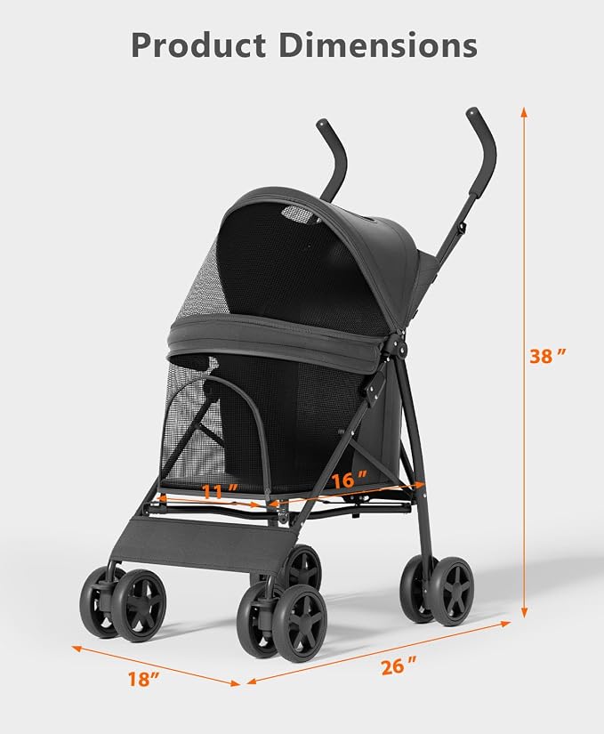 OS MOTOR 4 Wheels Pet Stroller for Small Medium Pets, Black | Foldable Carrier Jogger, Rear Wheel Breaks, Storage Basket, Visible Mesh Weather Cover, Portable, Dog, Cat, Puppy, Kitty