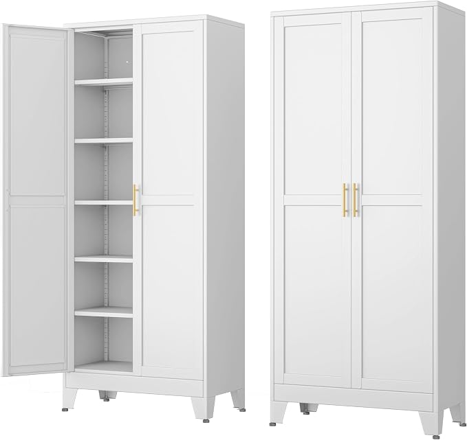 Ckzbx Metal Cabinets with Doors and Shelves, 75" H White Storage Cabinet Pantry Cabinet Garage Cabinets for Kitchen,Living Room, Dinning Room