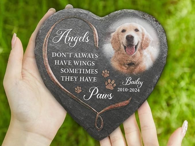 Wrappiness Pet Memorial Stone - Angels Sometimes Have Paws, Personalized Dog Memorial Gifts, Remembrance Condolences Bereavement Gifts for Loss of Pet Custom Photo (Heart 02, Stone with Stand)