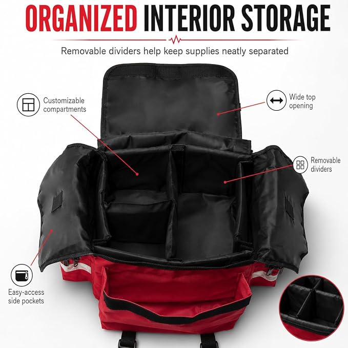 NOVAMEDIC NM-RO63P Professional First Responder Bag, 17” x 9” x 7” Empty EMT Trauma Kit Carrier with Removable Dividers, Reflective Strips, Water-Resistant Base for Emergency Medical Supplies (Red)