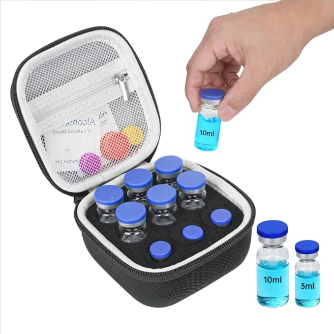 Peptide Case for Fridge - 9 Slots, Insulin & Peptide Vials Storage Case for 3ml 5ml 10ml Vials, Adjustable Travel Safe Organizer, Fit for Diabetics, Weight‑Management (Black)