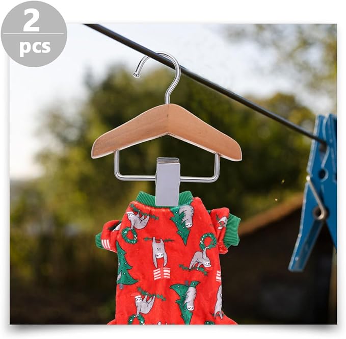 SEWACC 2pcs Wooden Pet Clothes Hangers with Skirt Clips, Dog and Cat Costume Organizer, Natural Wood Material for Home Closet and Pet Shop Storage