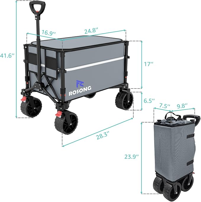 ROSONG Collapsible Wagon Cart with Wheels, Grey with Cover, 120L | Foldable, Folding Utility, Heavy Duty, For Grocery Sports Garden Shopping Camping