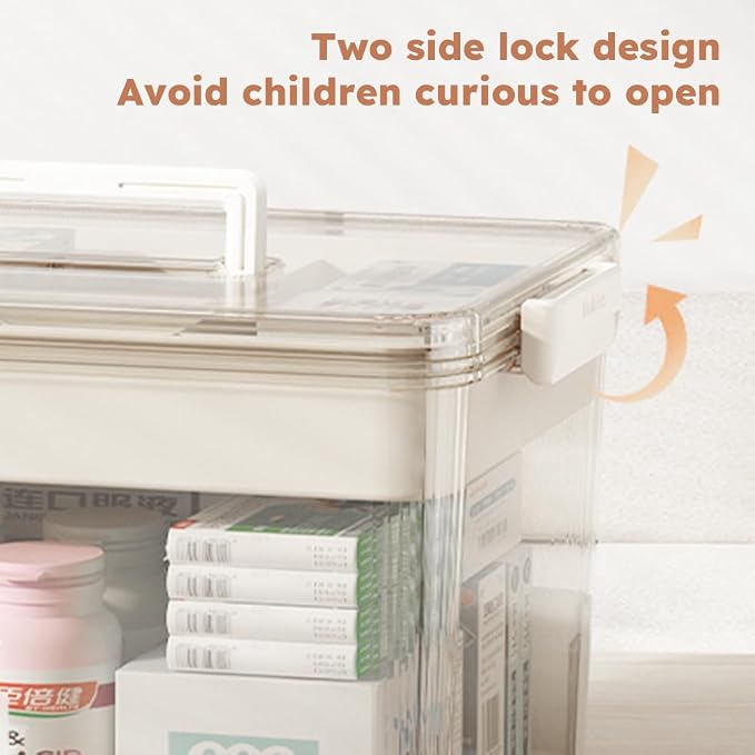 Medicine Storage Box with Handles, Clear Plastic Medicine Storage Organizer & First Aid Box, Multipurpose Medical Supply Organizer with Removable Tray for Home, Office & Travel(Clear)