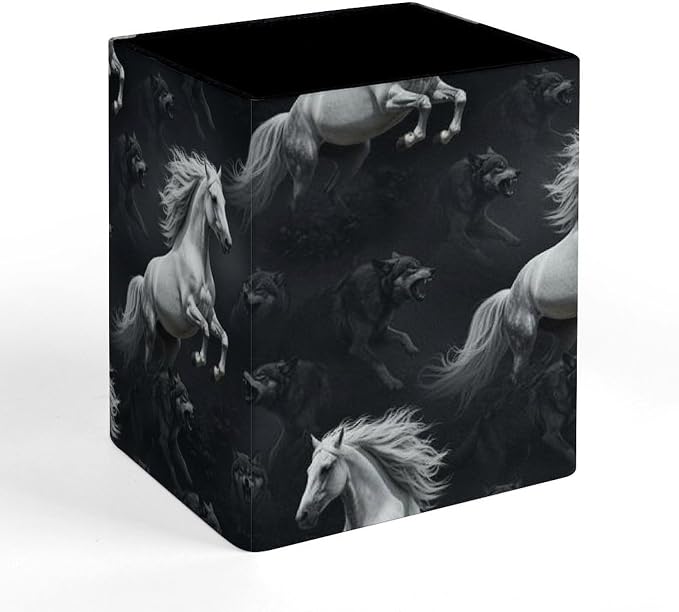 Pen Pencil Holder for Men Women, Pu Leather Square Pencil Organizer Case Dark White Running Wild Horse Wolves Black Makeup Brush Holder Office Supplies