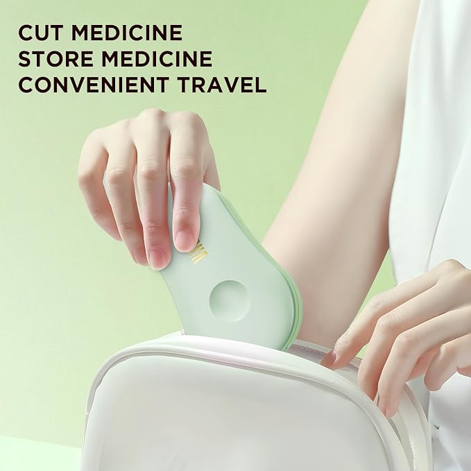 Pill Cutter for Small and Tiny Pills - Pill Splitter with Detachable Silicone Pad - Easy Open Snap Button. Wrap-Around Blade Guard Prevents Cuts. Back Storage (Green)