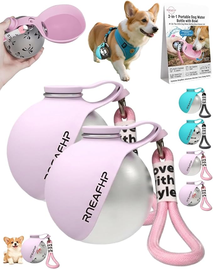 Dog Water Bottle with Bowl 2-in-1 Portable Leak Proof 10 OZ Puppy Travel Drink Dispenser for Large Medium Small Breeds Stainless Steel Hydration Tumbler Buddy Cup for Dogs Pets Outdoor(2Pink A)