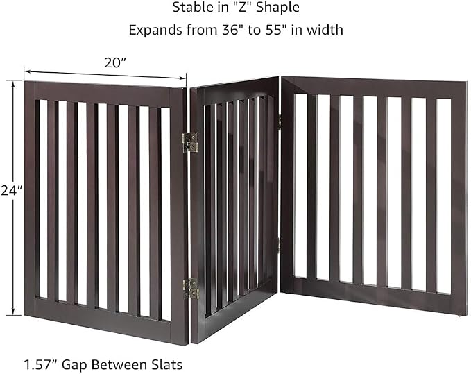 unipaws 24”H Free Standing Pet Gate for Dog Cat, 60”Wide Wooden Dog Gates | Foldable Pet Fence for Doorway, Stairs, Step, Expandable Doggy Barrier, Indoor Use