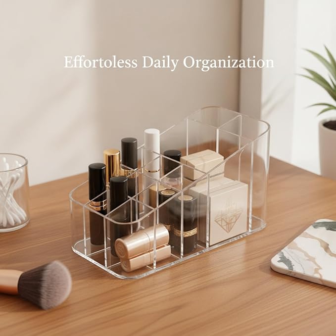 Cosmetic Organizer with 12 Compartments, Transparent PET Storage Box for Lipstick and Makeup, Vanity Countertop Caddy (1 PC)