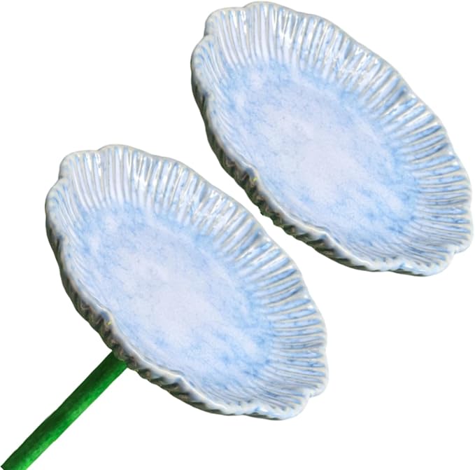 Ceramic Bird Bath Set of 2 with Fluted Bowl Stake, Vertical Blue | Decorative Glazed Water Basin for Patio Garden Balcony Display