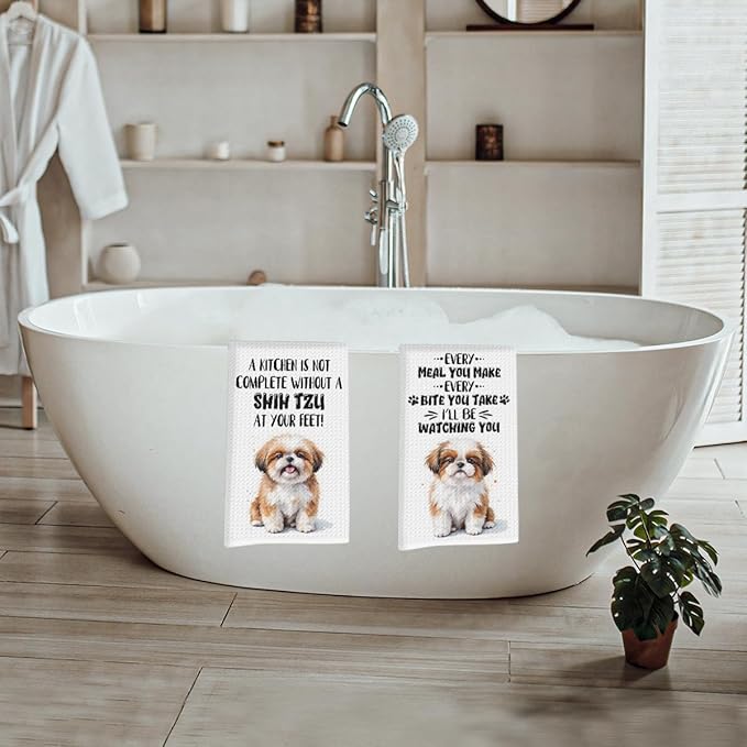 2 Pcs Funny Dog Kitchen Towels, Cute Shih Tzu Decorative Absorbent Microfiber Dish Cloth Tea Towel, Waffle Soft Hand Towels for Kitchen Home Bathroom Decor, Dog Lover Gifts