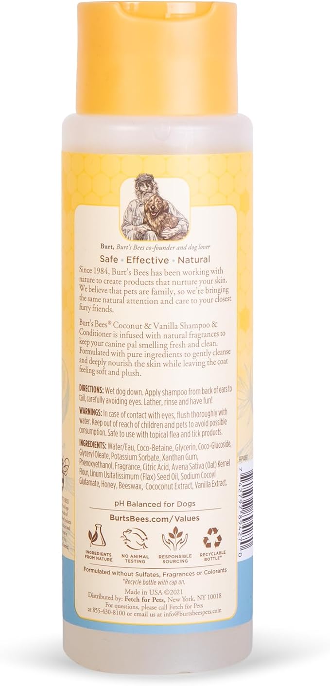 Burt's Bees for Pets Coconut Vanilla Shampoo & Conditioner - 2-in-1 Dog Shampoo and Conditioner with 98.2% Naturally Derived Ingredients - Coconut Vanilla Dog Shampoo & Conditioner