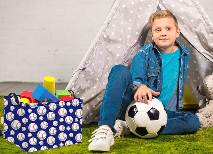 Rectangular Baseball Toy Storage Bin Organizer Box - Kids Gift Basket (Blue Baseball)
