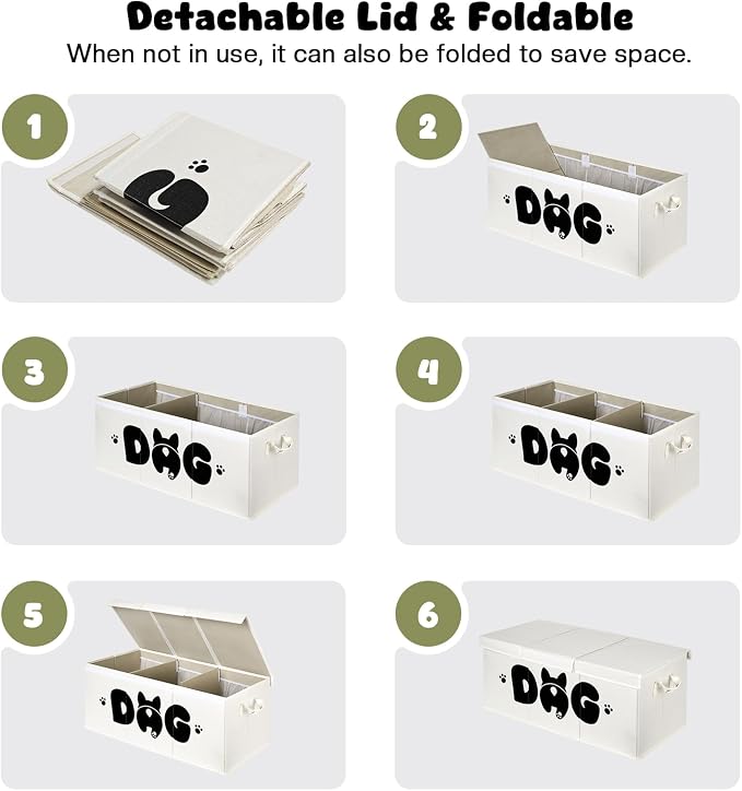 Dog Toy Basket with Lid, 3 Compartments Dog Basket for Toys, Dog Toy Box with 2 Removable Dividers, Collapsible Storage Bins for Dog Toys, Dog Storage Organizer, Beige