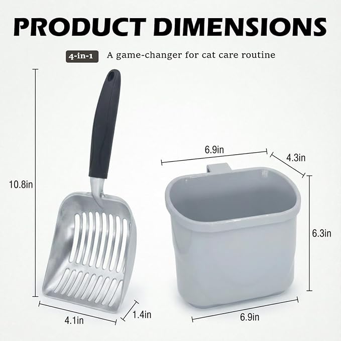 4-in-1 Cat Litter Scoop with Holder, Metal Litter Scoop Includes Portable Small Broom and Dustpan Set, Heavy Duty Stainless Steel Kitty Litter Scooper (Black)