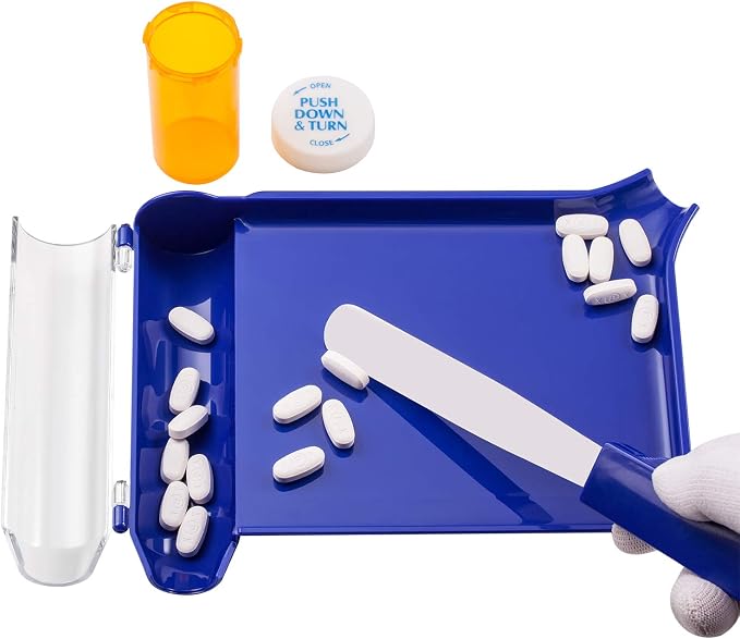 Medarchitect Right Hand Pill Counting Tray with Spatula, Blue | Dual-channel food-grade surface made without BPA, with two spatulas and hinged transfer compartment