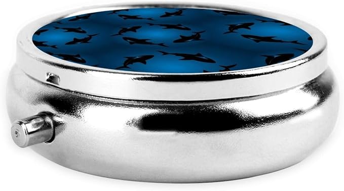 Compact Pill Holder, Ocean Blue Sea Floating Sharks Round Mini Dispenser, Travel Organizer Case for Medicine, Purse Pocket Box for Outdoor Enthusiasts