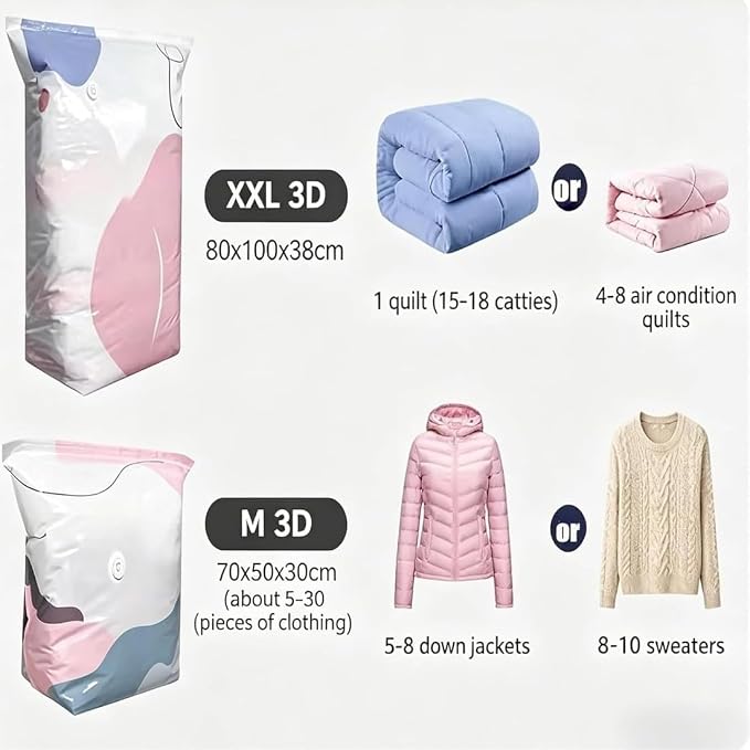 No Pump 3D Vacuum Storage Bag, 2026 Upgrade Large-Capacity Vacuum Bags, 3-Sec Fast Compression, Triple Your Closet Space, Seasonal Storage Made Effortless (4 Pcs, S+L)