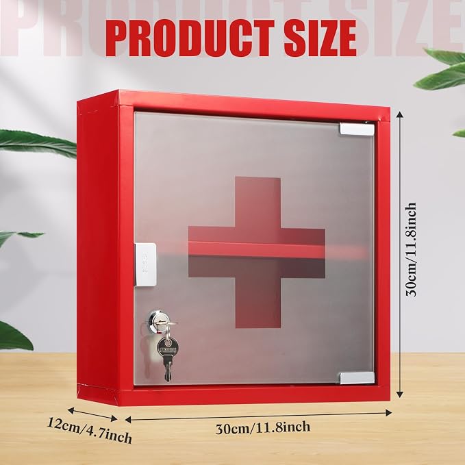 Timgle First Aid Wall Cabinet with Lock Medicine Wall Mounted Bathroom Storage Hanging Medical Cabinet with Safety Glass Door for Bathroom(2 Shelves,Red)