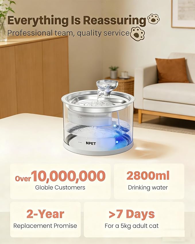 NPET N280 Glass Cat Water Fountain - 2.8L Automatic, Ultra-Quiet Pump with Stainless Steel Tray, Easy to Clean & Eco-Friendly for Cats and Dogs