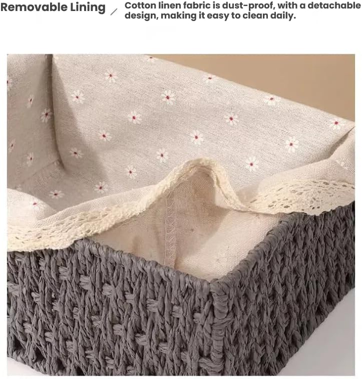 Wicker Baskets for Organizing,Natural Paper Rope Large Small Basket Set with Liner,Hand Woven Pantry Organizer & Storage for Women Girls Bathroom Living Room School Desk Shelves Décor(3 Pack Grey)