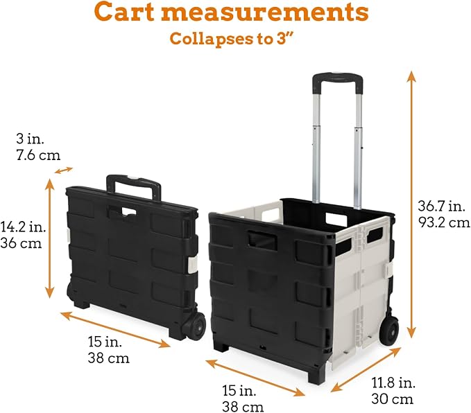 Inspired Living Ultra-Slim Rolling Collapsible Storage Pack-N-Roll Utility-carts, with Telescopic Handle, for Home, Garden, Shopping, Office, School use, Medium, White & Black