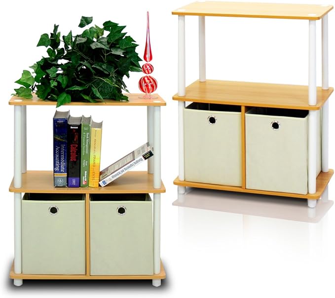 Furinno TURN-N-TUBE Storage Shelves Set of 2, 3-Tier Toolless Book Shelf with Storage Bins, Display Shelf, for Organization and Storage, Living Room, Garage, Home Office, Beech