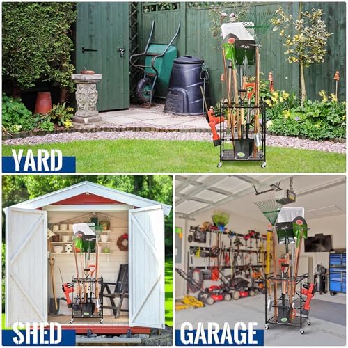 Mythinglogic Rolling Garden Tool Organizer for Garage and Yard Tools | Metal rolling rack with multiple tool slots, movable hooks and locking casters for rakes, shovels, brooms and yard tools