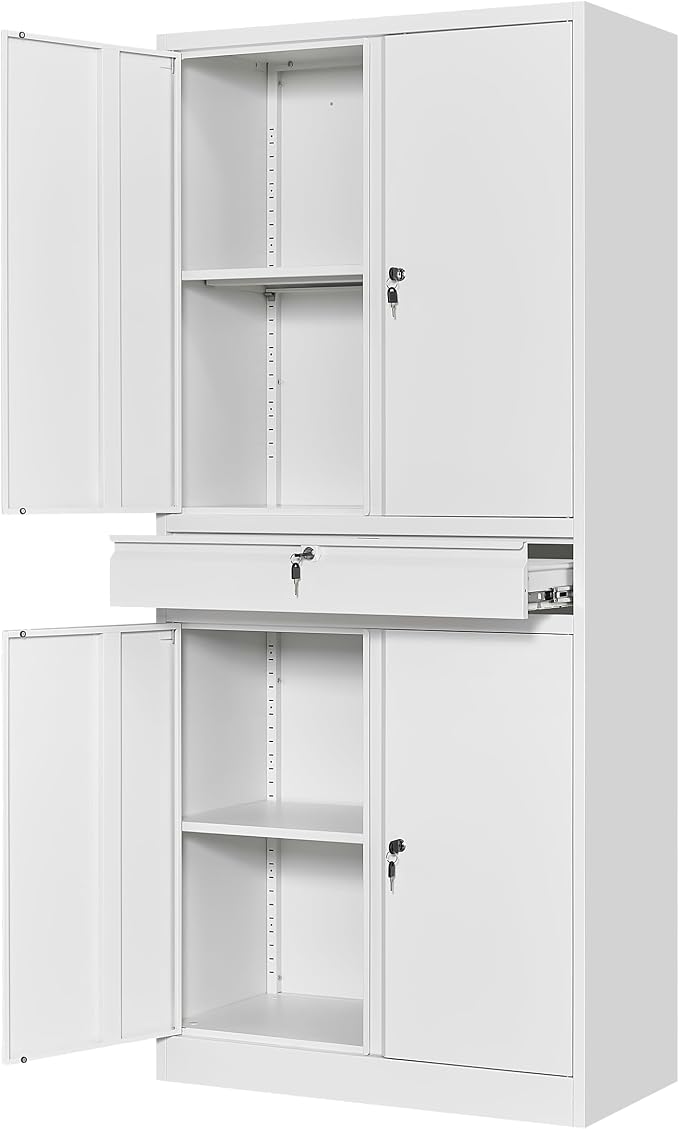 Metal Garage Storage Cabinet with Locking Doors and Adjustable Shelves, 71" Tool Storage Cabinet with 1 Drawer for Garage,Office,Warehouse (White)