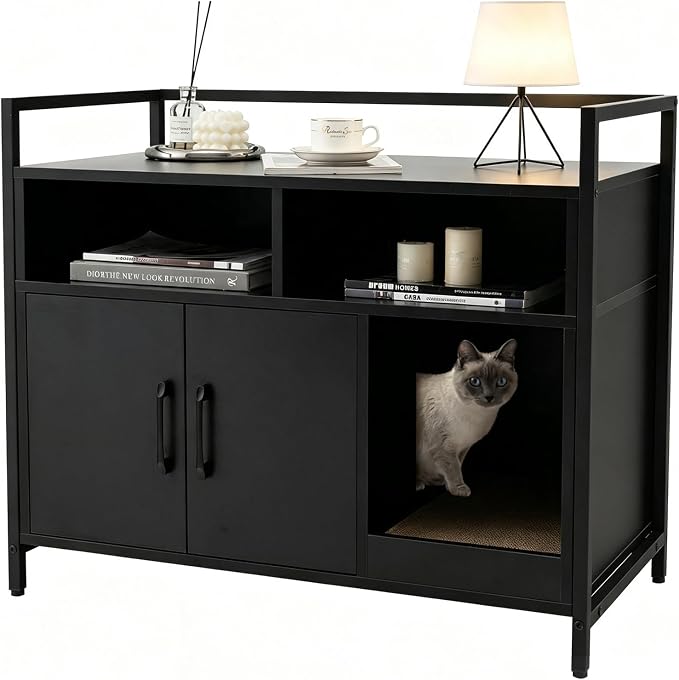 GIANTEX Cat Litter Box Enclosure, Hidden Cat Cabinet Furniture, Dog-Proof | Scratch Pad, Front Entry, Double Doors, 2-Compartment Storage, Wooden Pet House Washroom End Side Table for Living Room