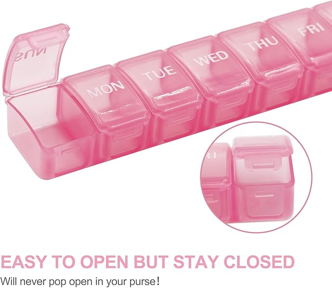 2 PCS Large Weekly Pill Organizer, 7 Day Daily Pill Box Case Easy to Open, Silkscreen Printed Medicine Container with Clear Lid for Vitamins, Fish Oils or Supplements (Pink)
