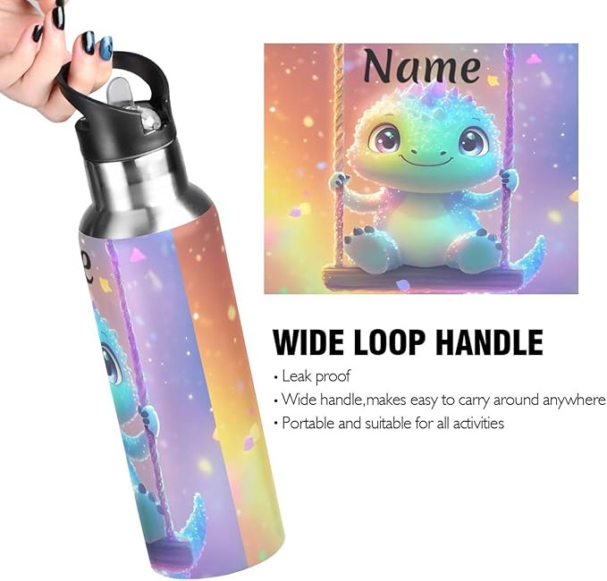Custom Name Swing Dinosaur Water Bottle with Straw Lid Kids Insulated Stainless Steel Water Flask Sports, 20 Oz Hot Cold