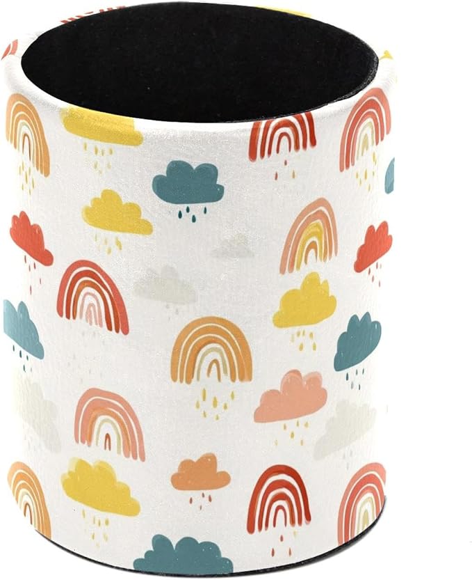 Faux Leather Pen Holder for Desk, Pencil Organizer Rainbows and Clouds Pen Cup Desk Decor Makeup Brush Holder Storage for Office Home