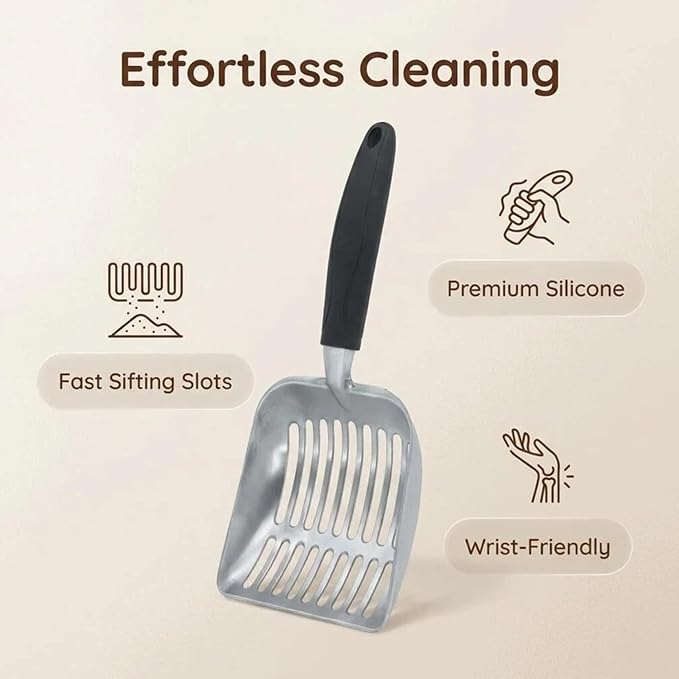 4-in-1 Cat Litter Scoop with Holder, Metal Litter Scoop Includes Portable Small Broom and Dustpan Set, Heavy Duty Stainless Steel Kitty Litter Scooper (Black)
