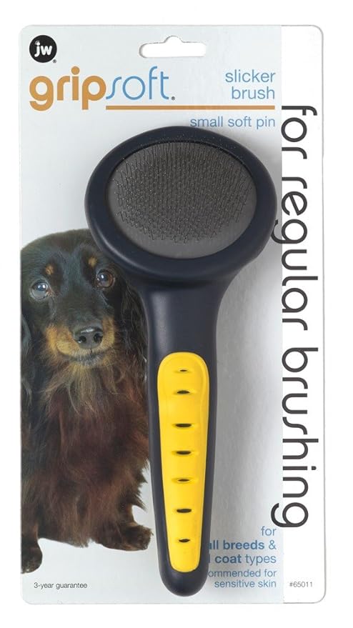 JW Pet Gripsoft Dog Soft Pin Slicker Brush with Non-Slip Rubber Grip (Angled Stainless Steel Tines) Small