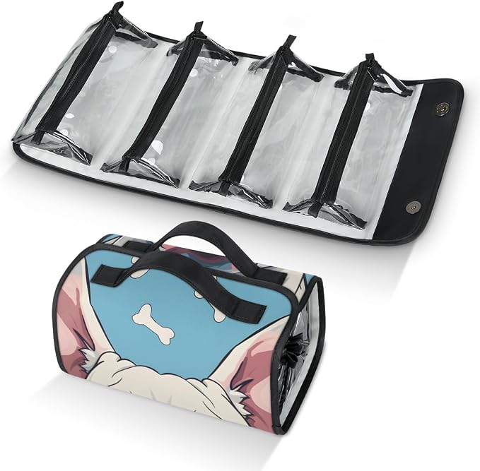 Dog Print Makeup Bag for Women Hanging Roll-Up Travel Organizer Toiletry Kit with 4 Removable Compartments, Animal