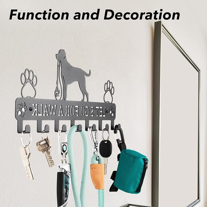 Key Holder Wall Mount & Dog Leash Holder for Wall, Metal Key Rack with 7 Hooks for Entryway/Hallway/Kitchen Decor, Dog Paws Design Wall Organizer with Screw Anchors