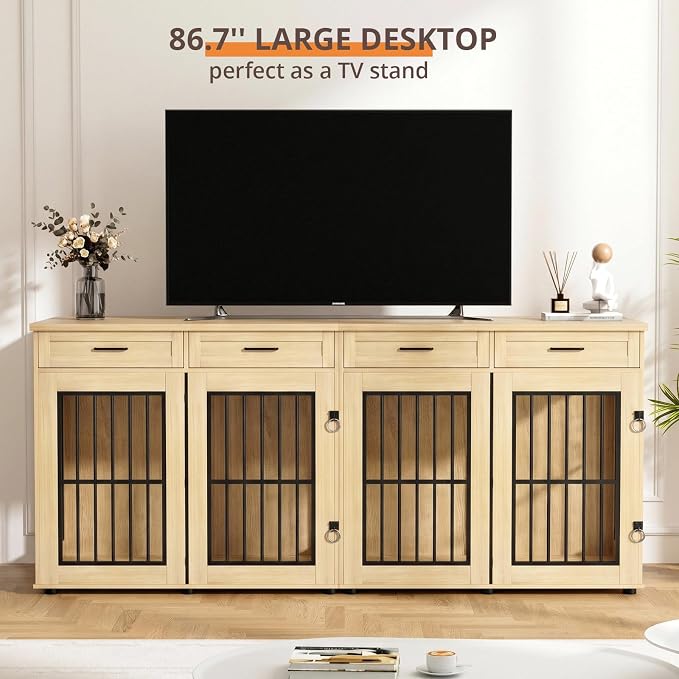VOWNER 87"Dog Crate Furniture for 2 Dogs, Double Dog Cage Furniture,Natural | Extra Large Wooden Dog Kennel with 4 Drawer, Removable Divider, Furniture-Style TV Stand, XXL Dog Crate for Large Medium Dogs