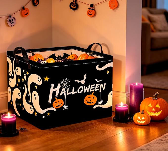 CLOCOR Rectangular Storage Basket,Collapsible Cute Pattern Storage Bin,Waterproof Books Box with Handles,Gift Basket(Serpentine Ghost Halloween)