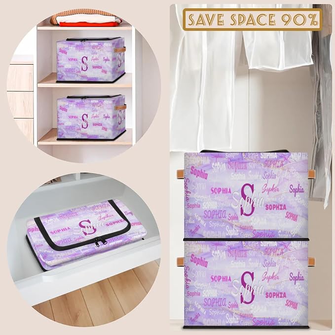Custom Rectangle Storage Basket Zipper Lid, Personalized Name Organizer Bin for Pet/Children Toys, Books, Clothes, Perfect for Rooms/Playroom, Light Purple Marble Texture
