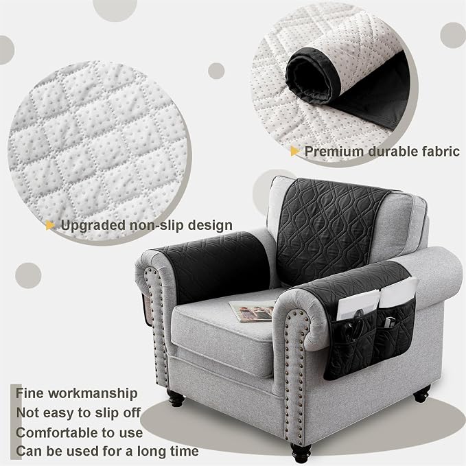 Recliner Armrest Cover with Headrest, Chair Armrest Slipcover with Side Pockets, Water-Resistant, Non Slip Furniture Protector for Pets(Black,1 Seater 3PCS)