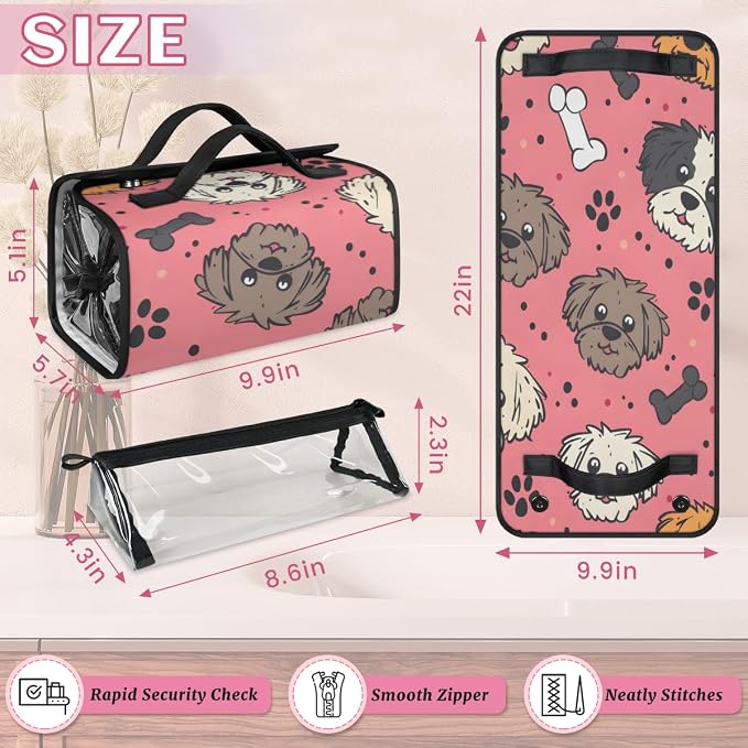 Cute Dog Makeup Bag for Women Hanging Roll-Up Travel Organizer Toiletry Kit with 4 Removable Compartments, Dog Paw