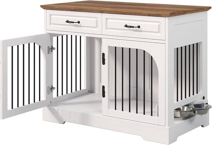 Merax 43.3" Farmhouse Dog Crate Furniture with Rotating Bowls & Drawers – Wooden Indoor Pet Kennel Side Table with Metal Bars – Stylish Dog House for Medium to Large Breeds, White & Brown