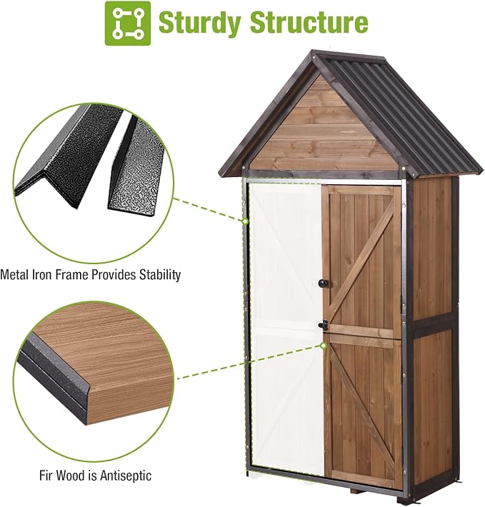 GUTINNEEN Outdoor Storage Shed with All Around Strong Metal Frame, Garden Tool Sheds Cabinet with Floor & Adjustable Shelves, Wooden Tool House for Backyard Garden Patio Lawn 67.1" H (Dark Brown)